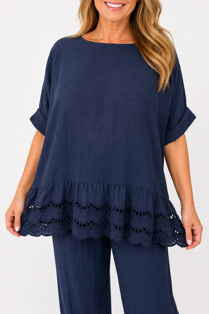 Pure Cotton Embroidery Anglaise Crochet Hem Caprina Top - Navy