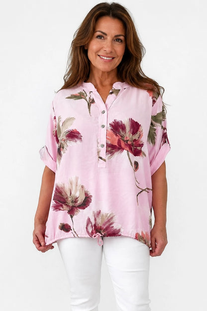 Button Sleeve Drawstring Hem Mary Floral Shirt - Baby Pink