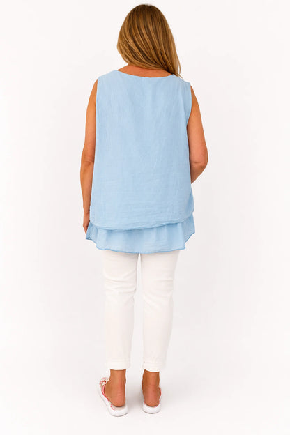 Pure Cotton Fully Lined Embroidery Anglaise Missi Vest - Light Denim