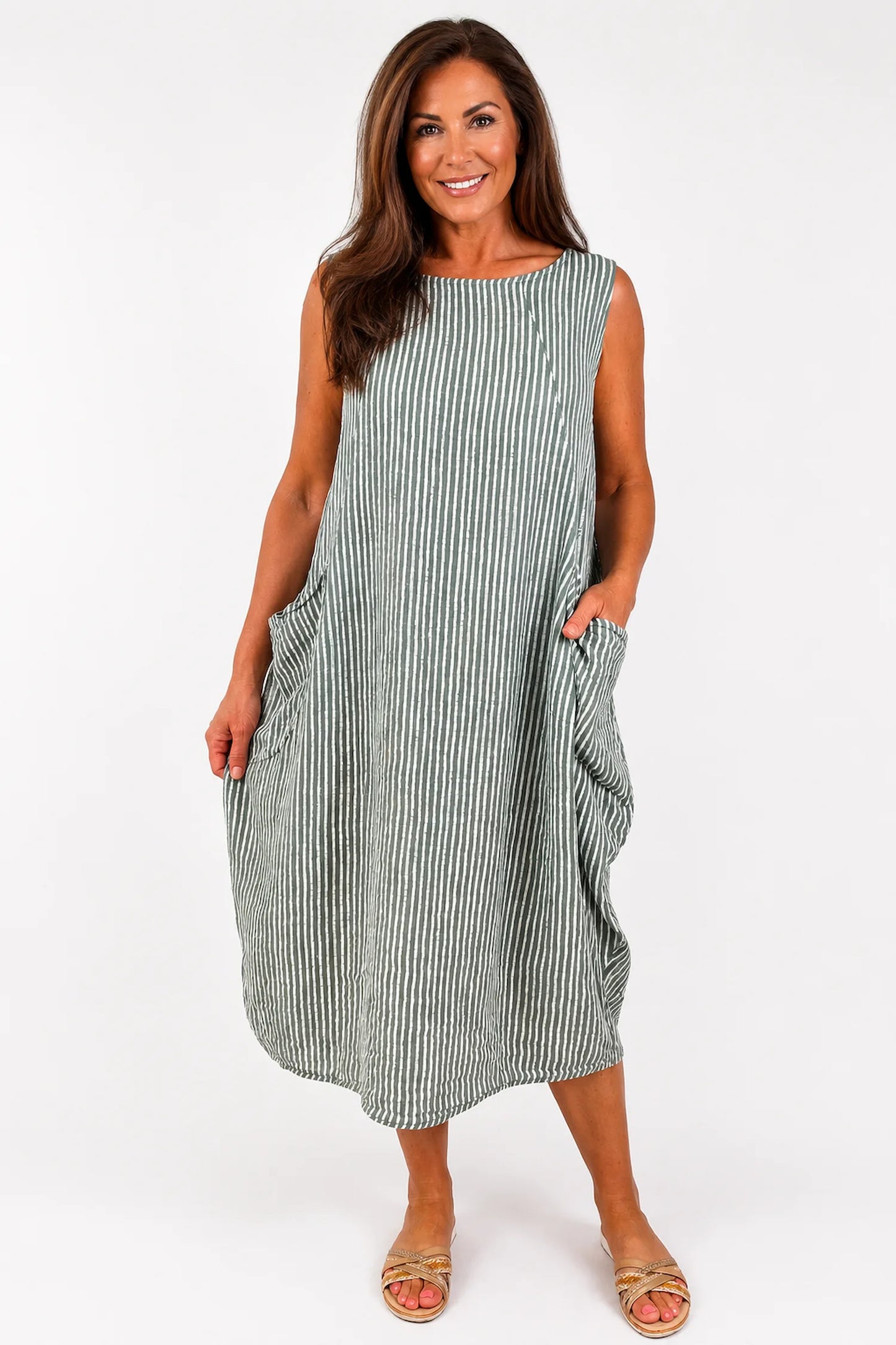 Cotton Double Pocket Pinstripe Elizabeth Dress - Khaki