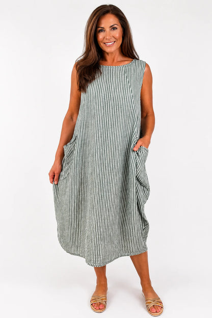 Cotton Double Pocket Pinstripe Elizabeth Dress - Khaki