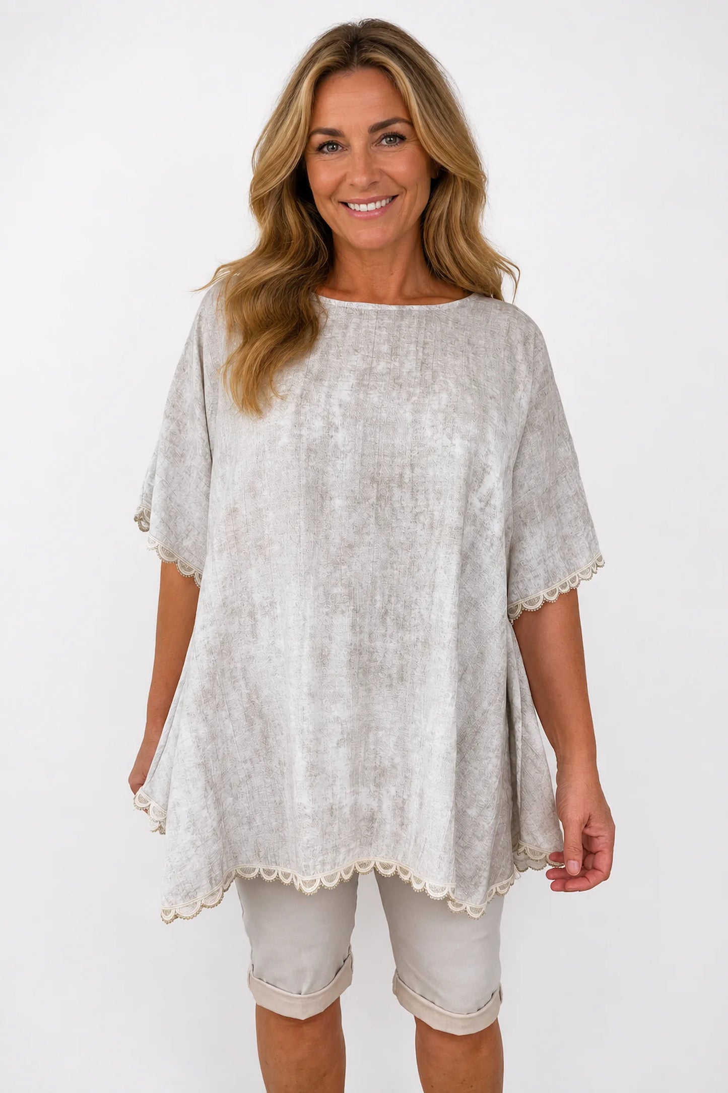 Lightly Textured Lace Trim Victoria Top - Washed Stone