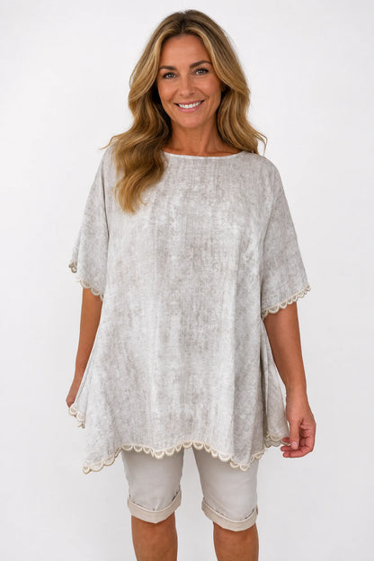 Lightly Textured Lace Trim Victoria Top - Washed Stone