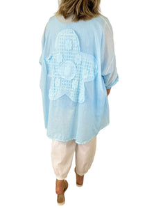 Pure Cotton Alessandra Flower Back Detail Button Sleeve Shirt - Baby Blue