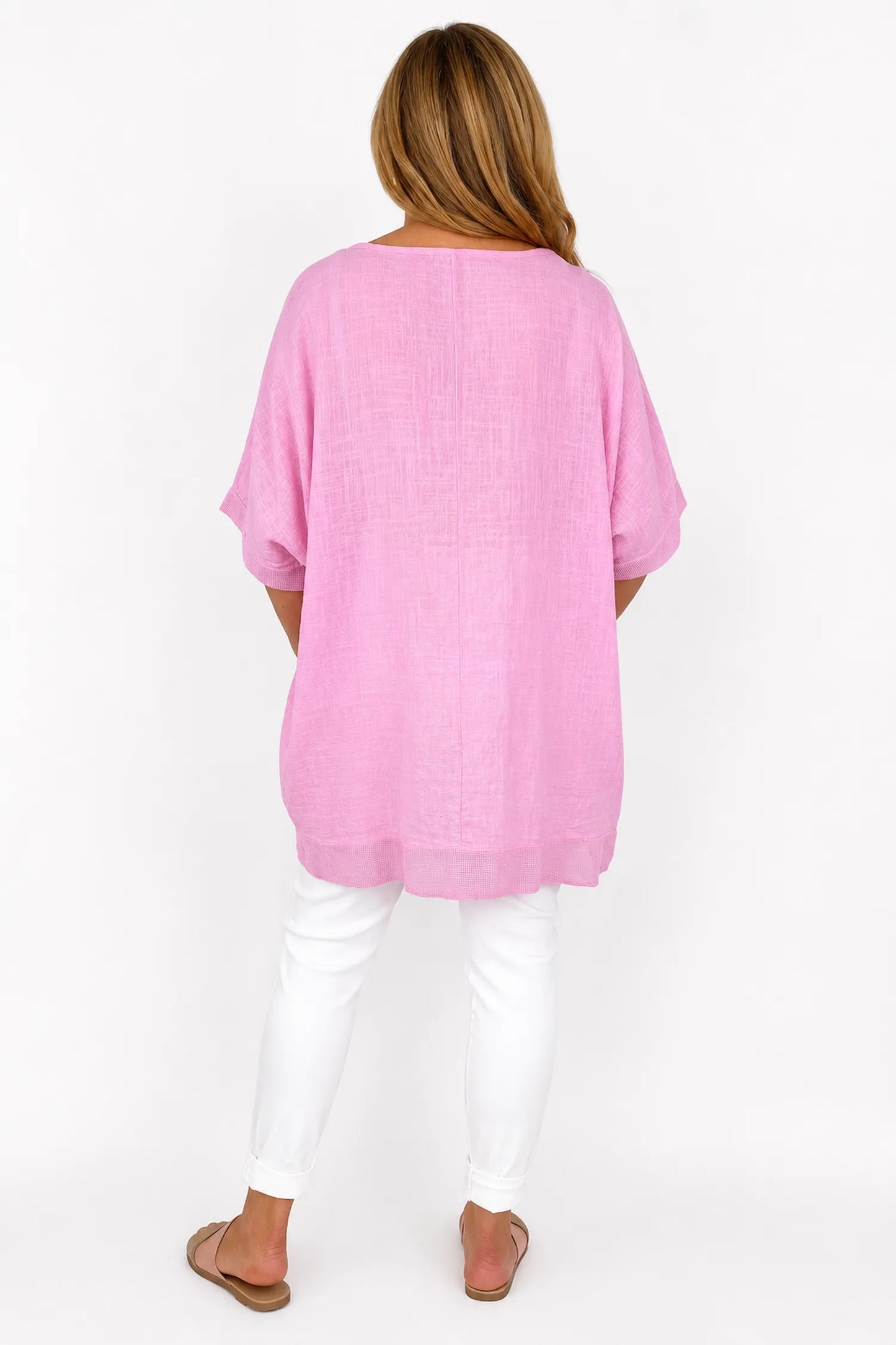 Pure Cotton Mesh Detail Pocketed Portofino Necklace Top - Baby Pink