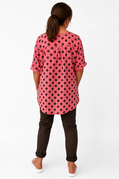 Pure Cotton Polka Dot Kara Button Shirt - Coral