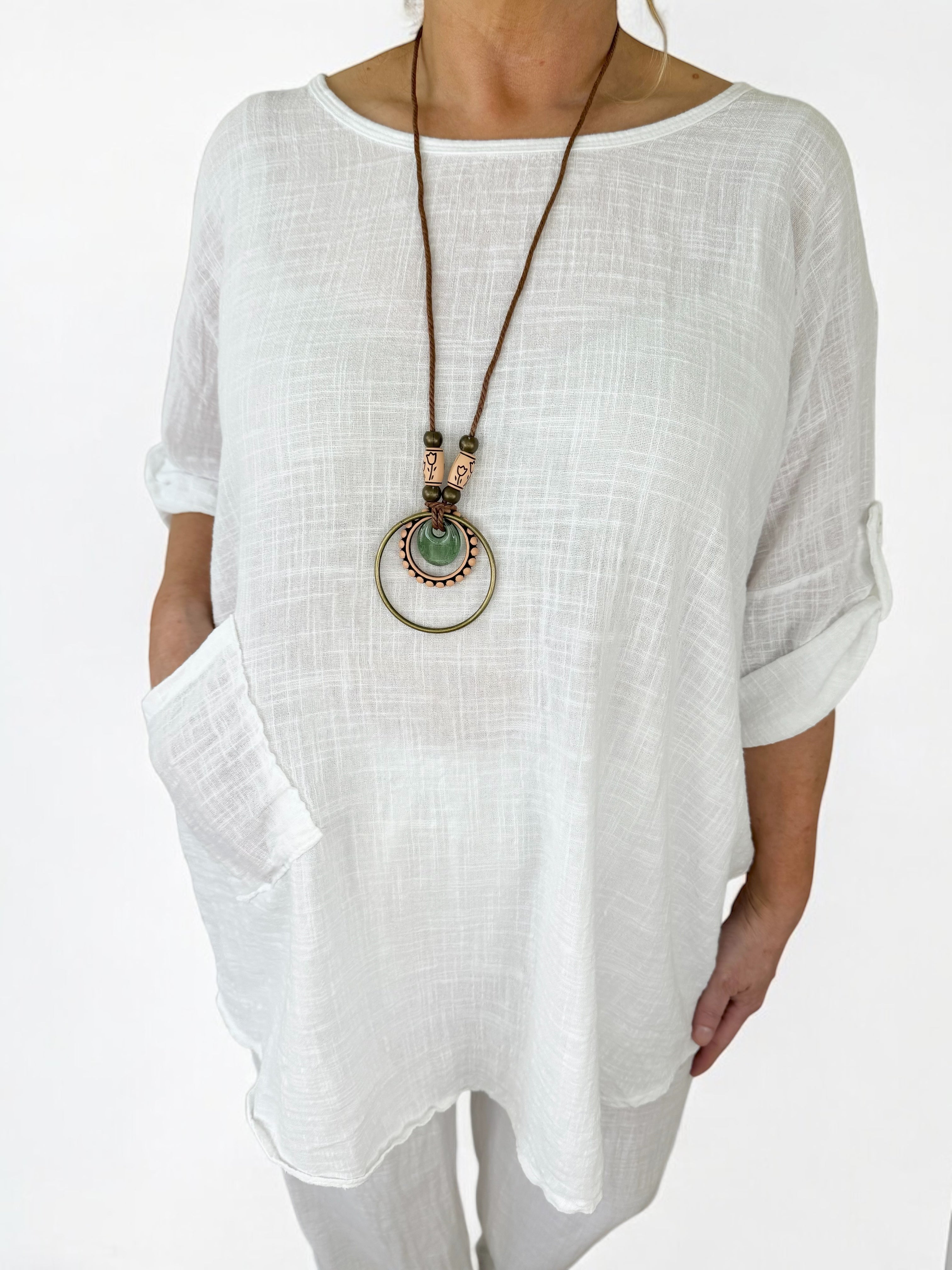 Pure Cotton Pocket Detail Button Sleeve Venice Necklace Top - White