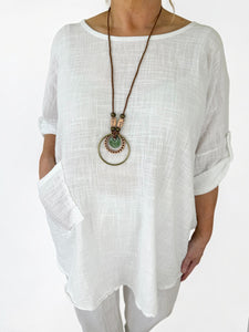 Pure Cotton Pocket Detail Button Sleeve Venice Necklace Top - White