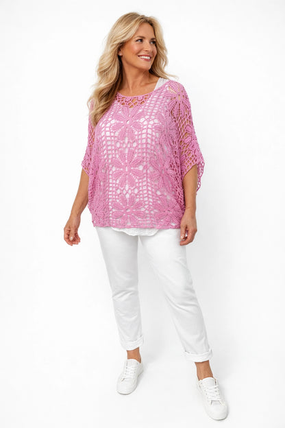 Pure Cotton Francesca Floral Crochet - Lipstick Pink