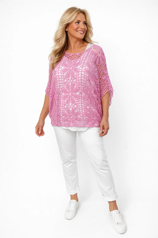 Pure Cotton Francesca Floral Crochet - Lipstick Pink