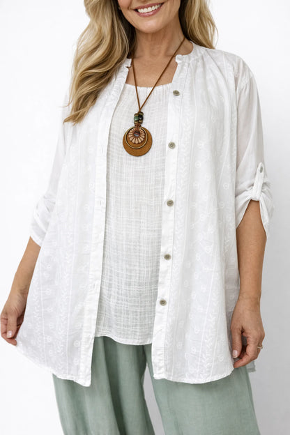 Cotton Embroidery Anglaise Button Sleeve Ginevra Button Shirt - White