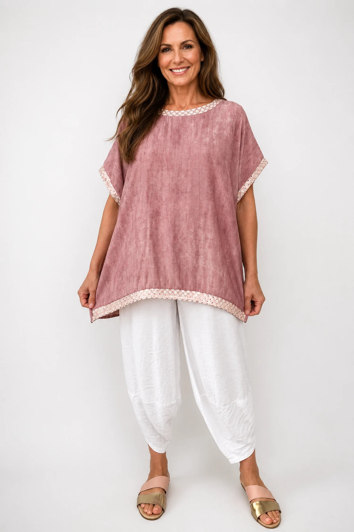 Crochet Lattice Trim Lightly Textured Marsi Top - Washed Vintage Rose