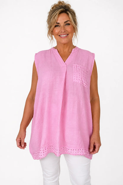 Pure Cotton Mesh Detail Rosetta Pocket Cap Sleeve Top - Lipstick Pink