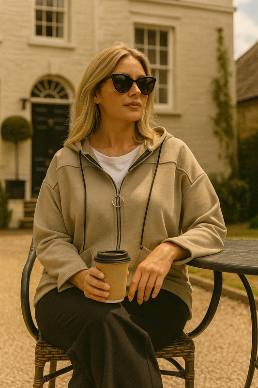Double Pocket Tie Bottom Detail Zipped Hooded Madeleine Jacket - Beige