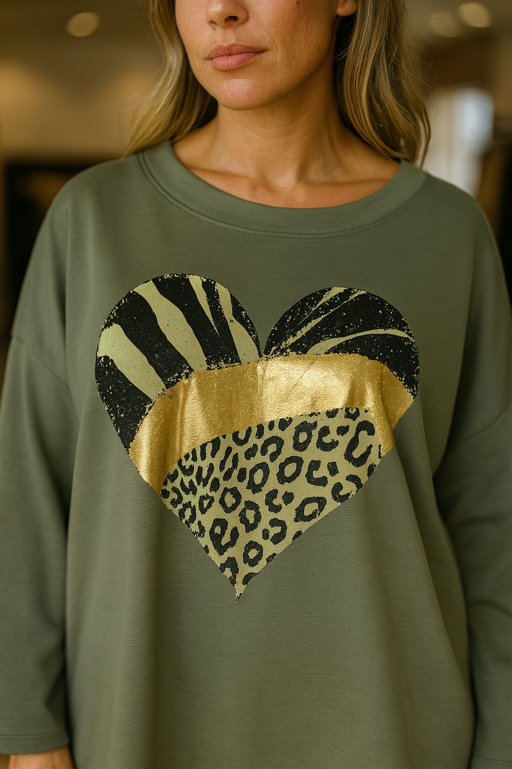 Metallic Animal Print Heart Varsia Sweatshirt - Khaki