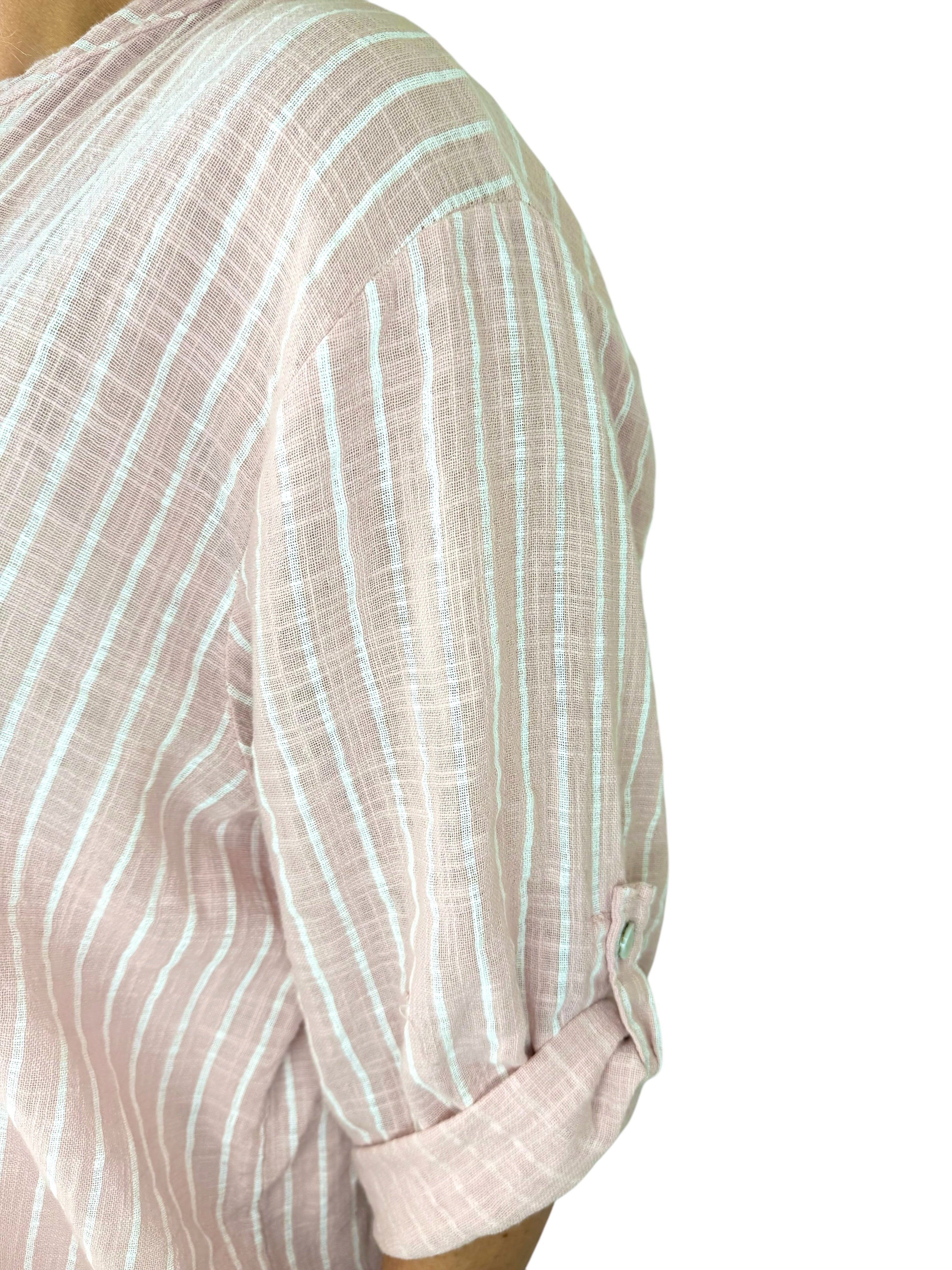 Pure Cotton Pin Stripe Button Sleeve Veresca Shirt - Baby Pink