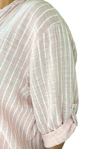 Pure Cotton Pin Stripe Button Sleeve Veresca Shirt - Baby Pink
