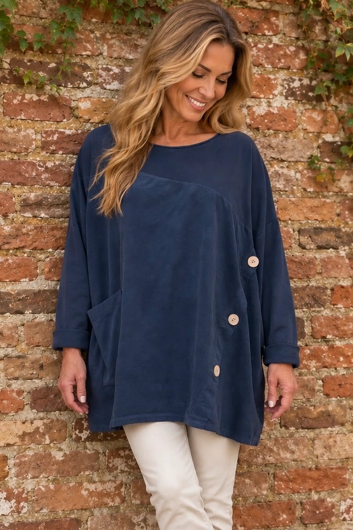 Cotton Fine Needlecord Patch Button Detail Fern Pocket Top - Navy