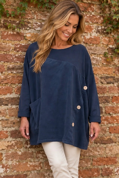 Cotton Fine Needlecord Patch Button Detail Fern Pocket Top - Navy
