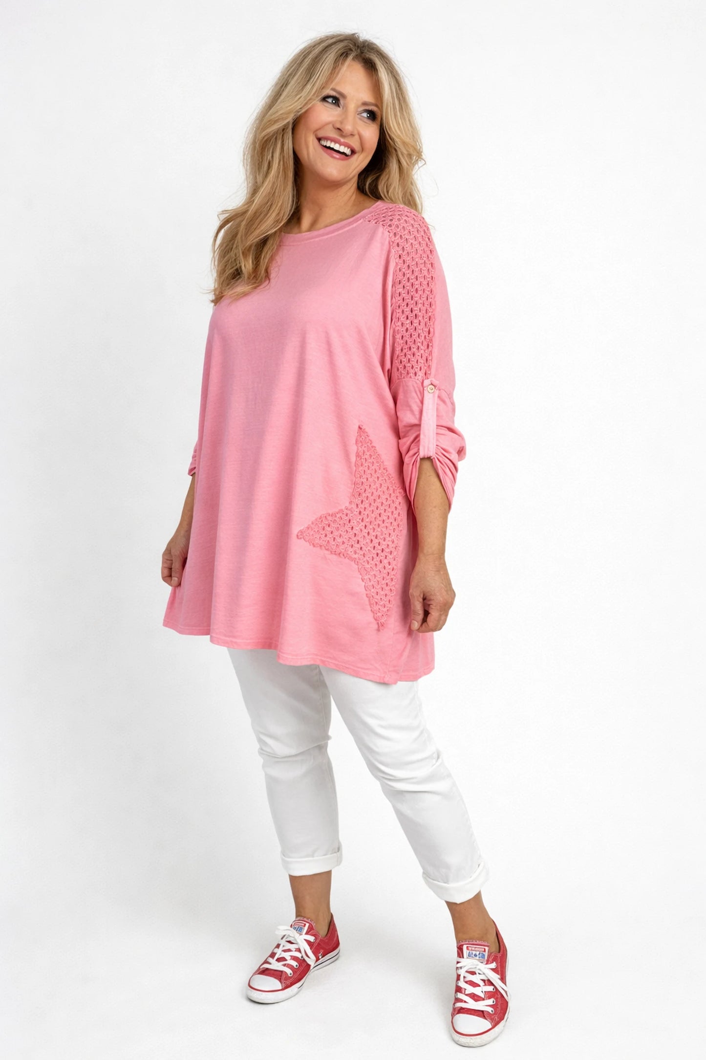 Cotton Crochet Detail Charmaine Button Sleeve Top - Coral Pink