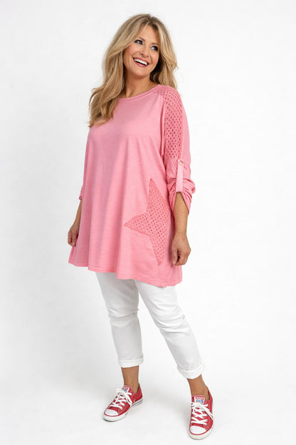 Cotton Crochet Detail Charmaine Button Sleeve Top - Coral Pink