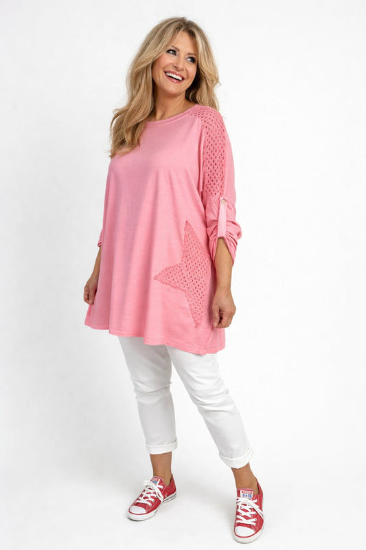 Cotton Crochet Detail Charmaine Button Sleeve Top - Coral Pink