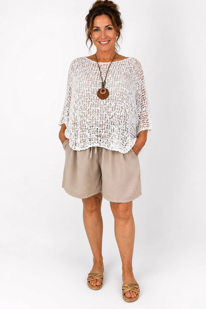 Double Pocket Elasticated Waist Lightweight Flow Mari Shorts - Beige