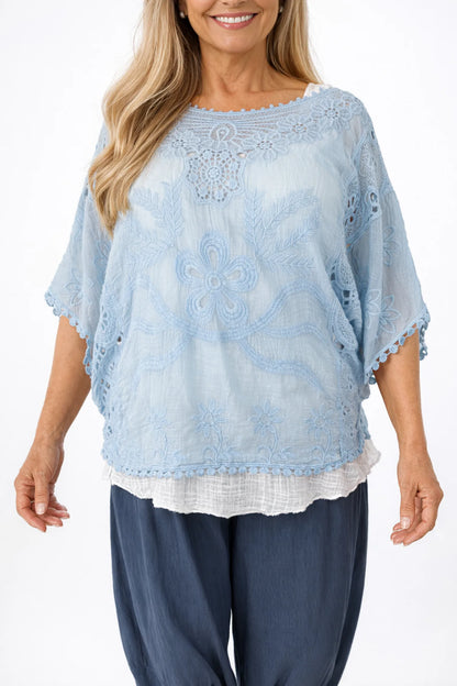 Pure Cotton Embroidery Anglaise Crochet Detail Batwing Viviana Top - Baby Blue