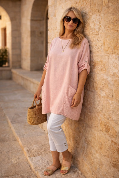 Cotton Crochet Detail Double Pocket Button Sleeve Cláudia Necklace Top - Baby Pink