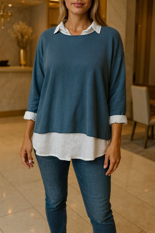 Cotton Mix Two in One Fleur Top - Denim