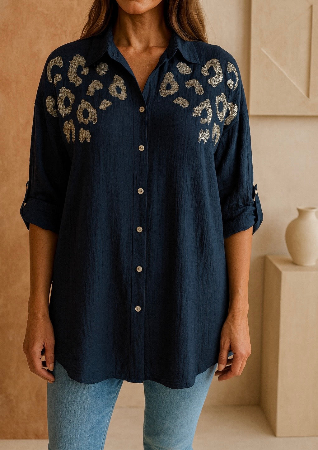 Premium Stitch Diamanté Leopard Celeste Button Sleeve Shirt - Navy