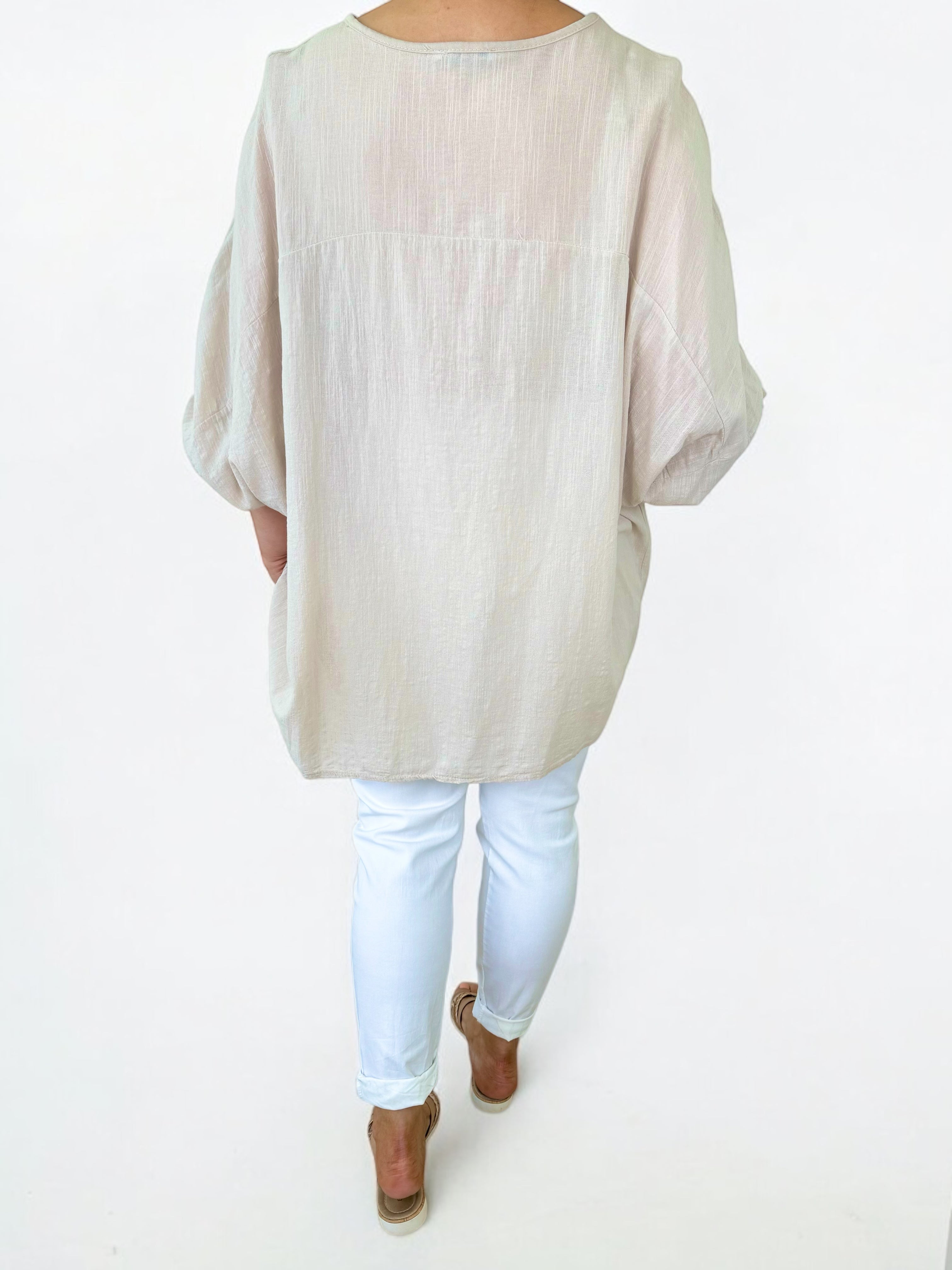 Cotton Sparkle Star Siana Button Sleeve Batwing Top - Beige