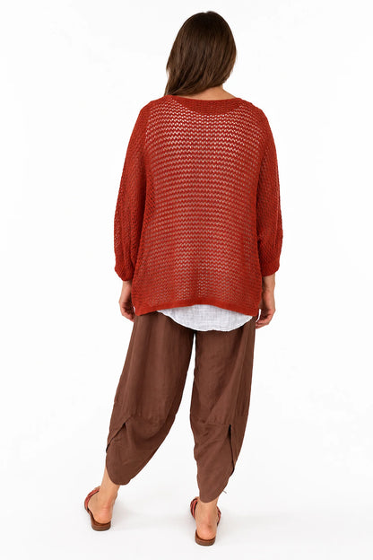 Pure Cotton Removable Tie Alexandra Batwing Crochet Top - Spice Terracotta