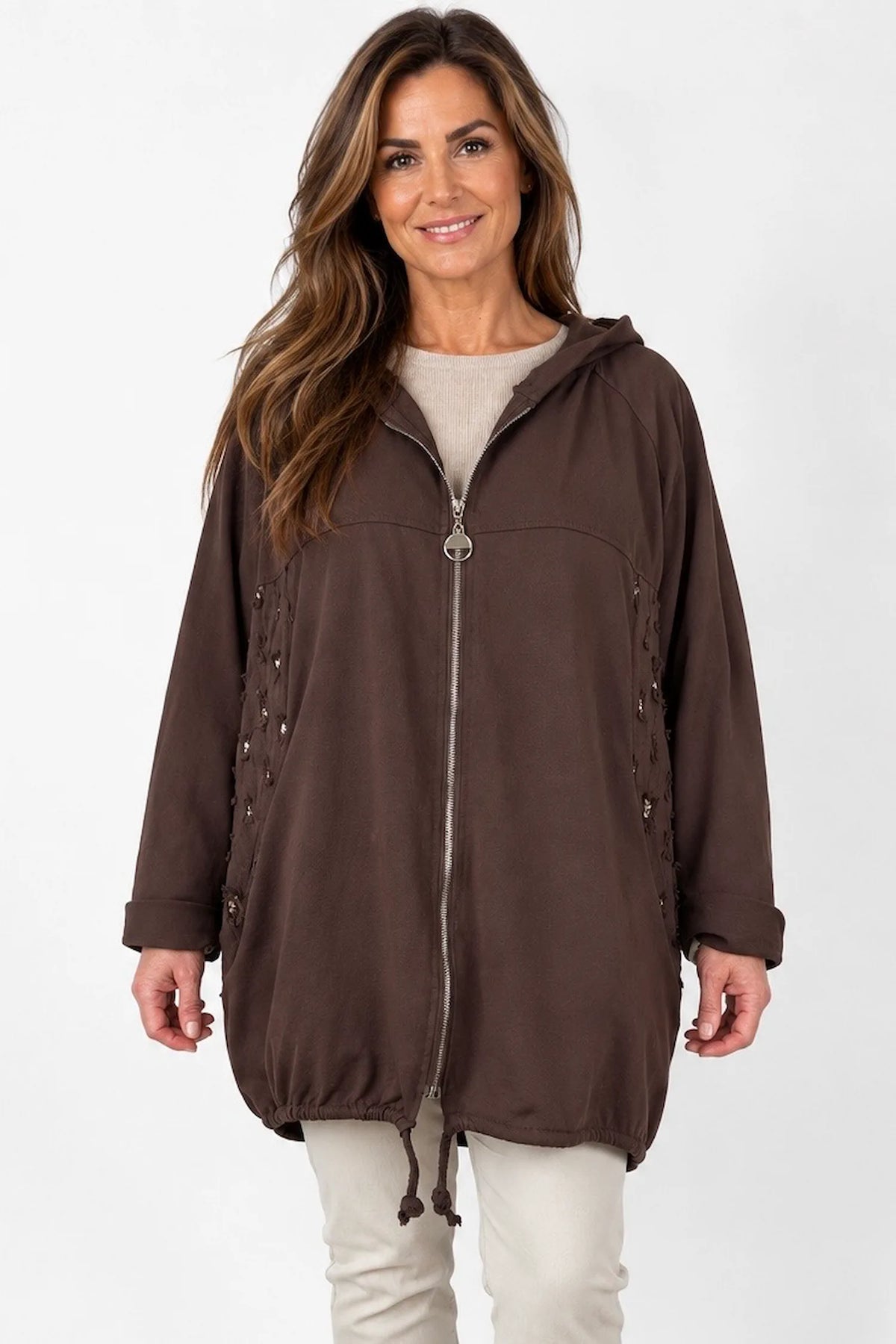 Cotton Gold Stitch Detail Zipped Florenzi Hooded Jacket - Chocolate