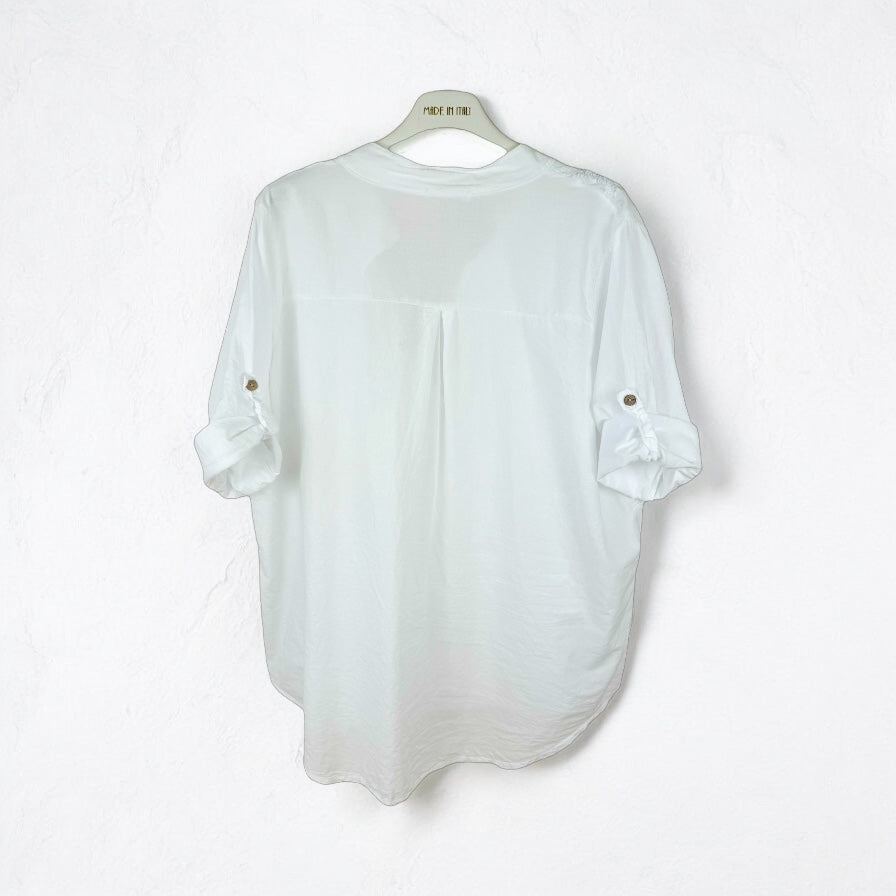 Pure Cotton Embroidery Anglaise Riviala Button Sleeve Shirt - White