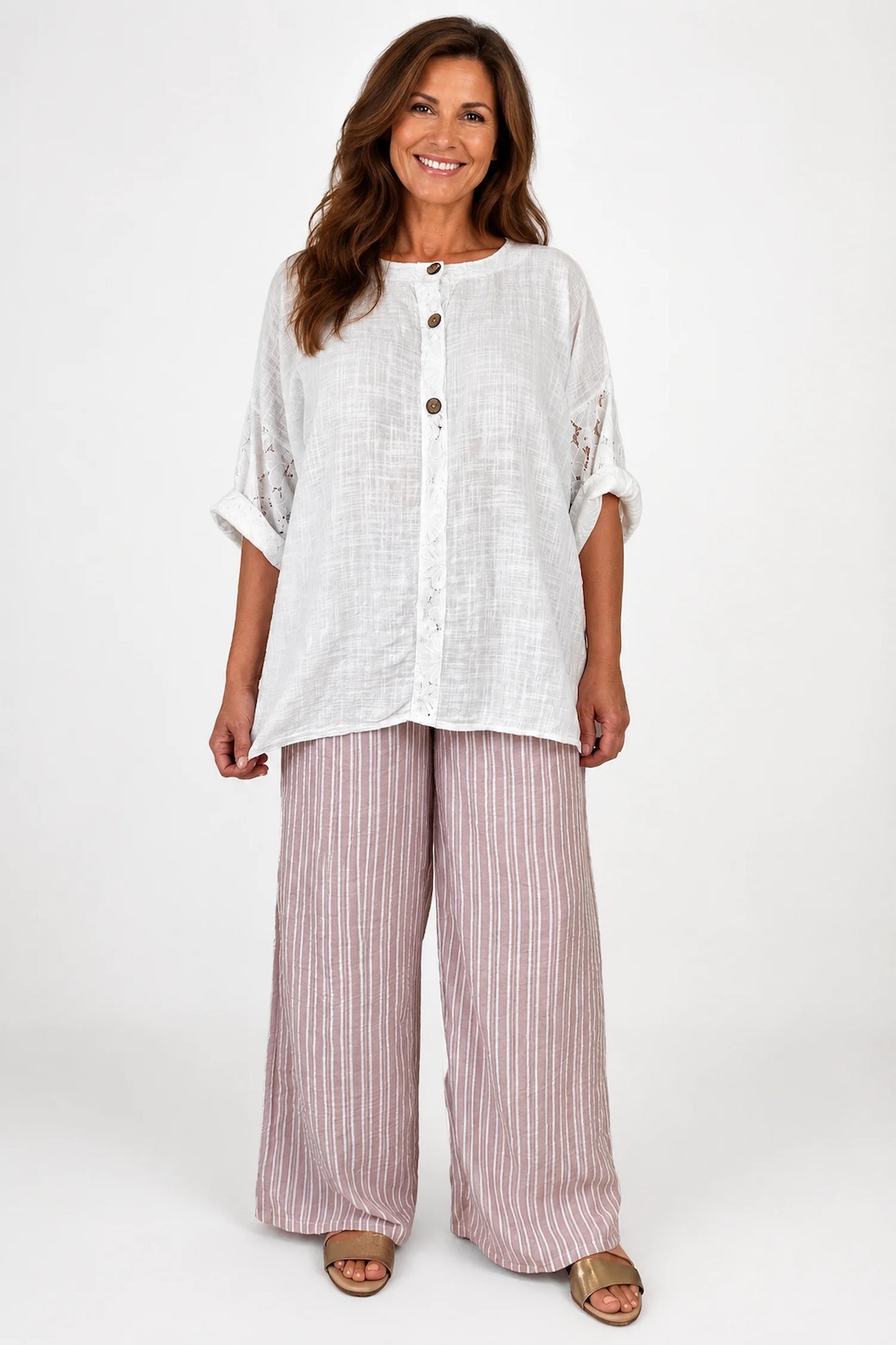 Linen Look Cotton Lace Sleeve Calabri Button Top - White