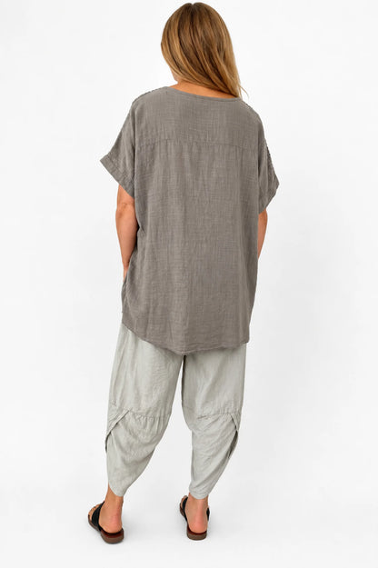 Pure Cotton Embroidered Crochet Sleeve Amira Top - Mocha