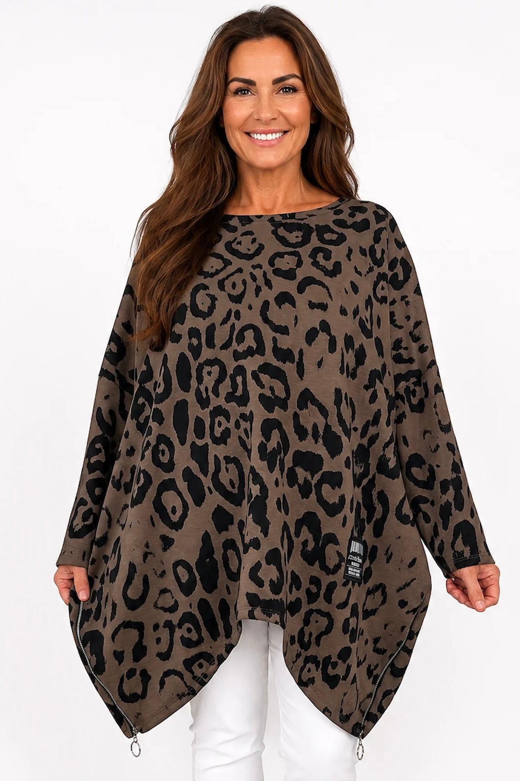 Zip Detail Scuba Leopard Zizzi Tunic Top - Mocha