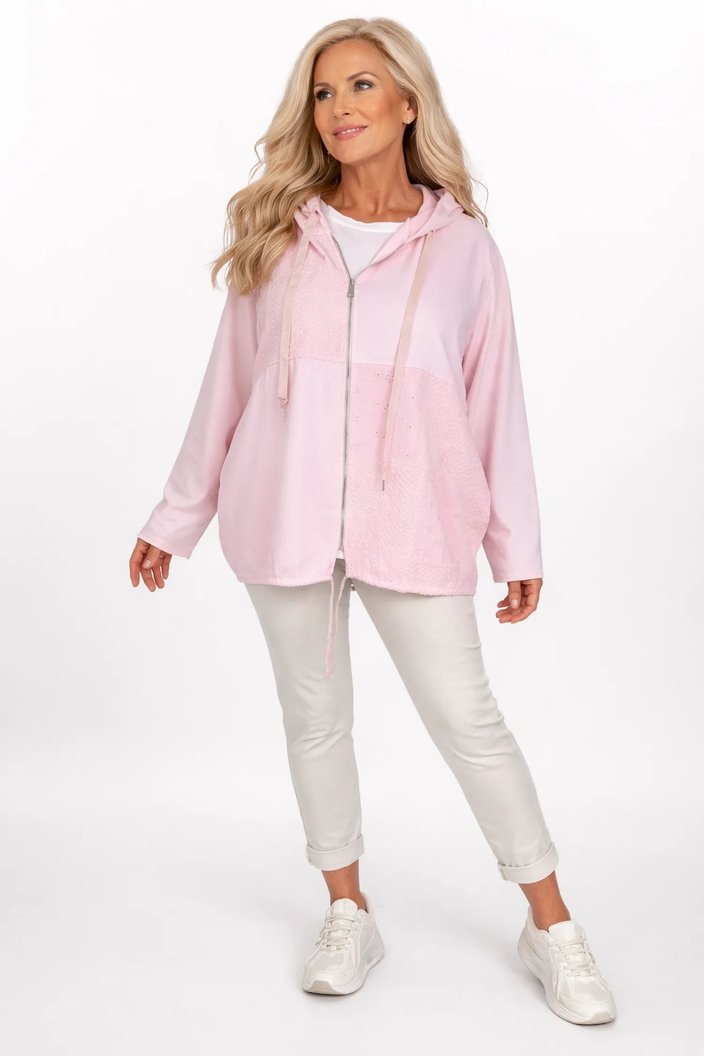 Cotton Embroidery Anglaise Drawstring Hem Double Pocket Lorenza Zipped Hoodie - Baby Pink