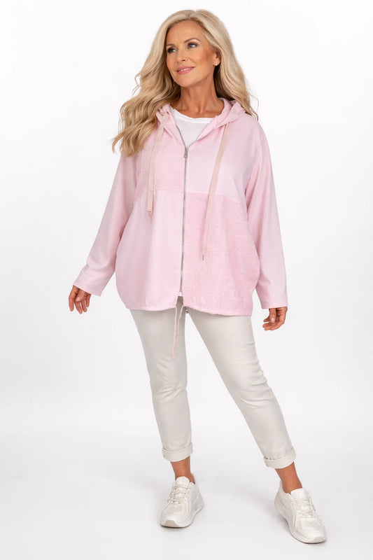 Cotton Embroidery Anglaise Drawstring Hem Double Pocket Lorenza Zipped Hoodie - Baby Pink