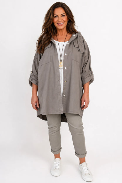 Cotton Double Flap Pocket Button Sleeve Izzy Hooded Overshirt - Mocha