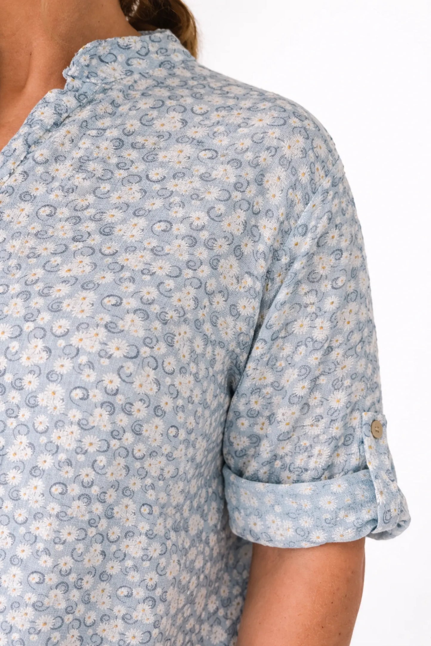 Linen Look Cotton Button Sleeve Daisy Button Shirt - Baby Blue