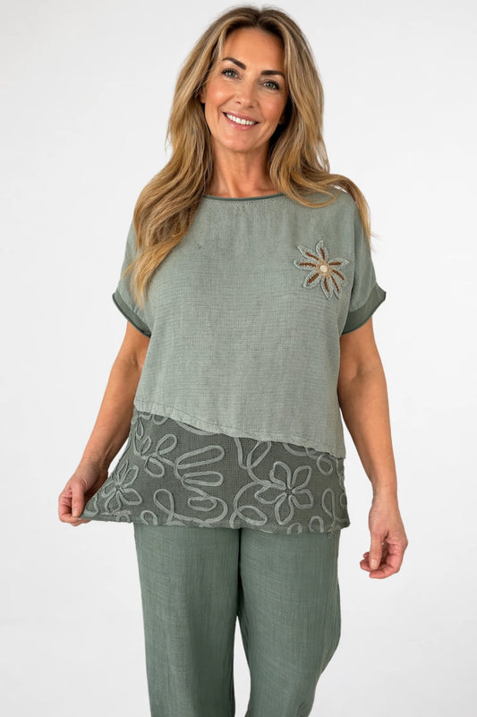 Cotton Linen Mix Embroidered Flower Mesh Hem Solara Top - Khaki