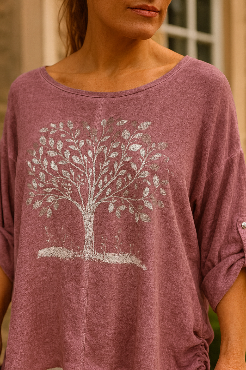Linen Mix Diamanté Tree Rugged Side Detail Button Sleeve Valentina Top - Raspberry Ripple