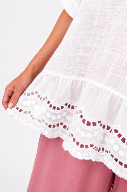 Pure Cotton Embroidery Anglaise Crochet Hem Caprina Top - White