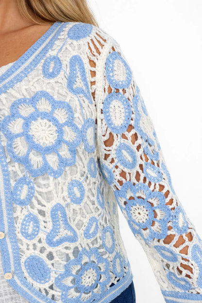 Cotton Angela Crochet Button Cardigan - Baby Blue