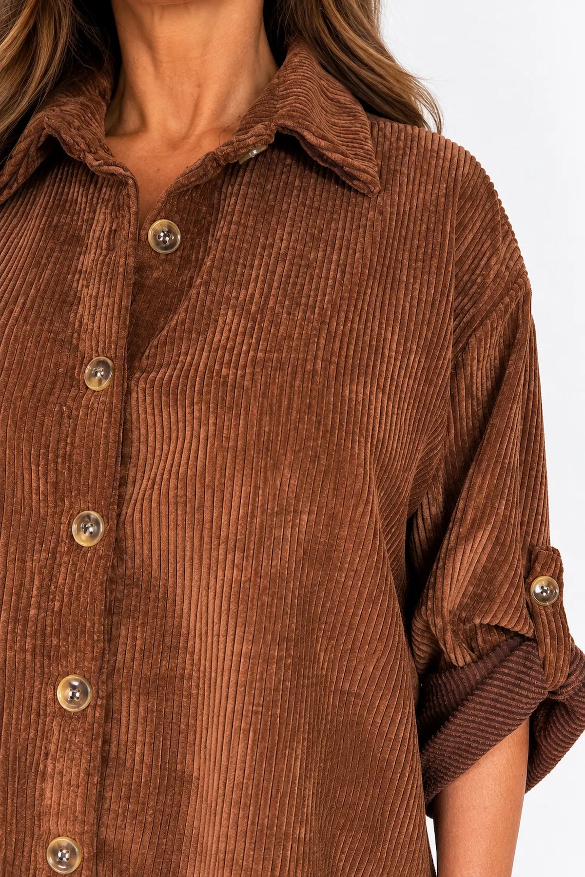 Button Sleeve Sicily Cord Button Shirt - Chestnut