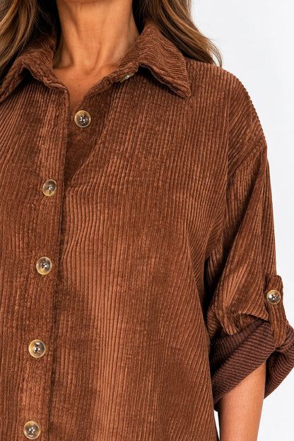 Button Sleeve Sicily Cord Button Shirt - Chestnut