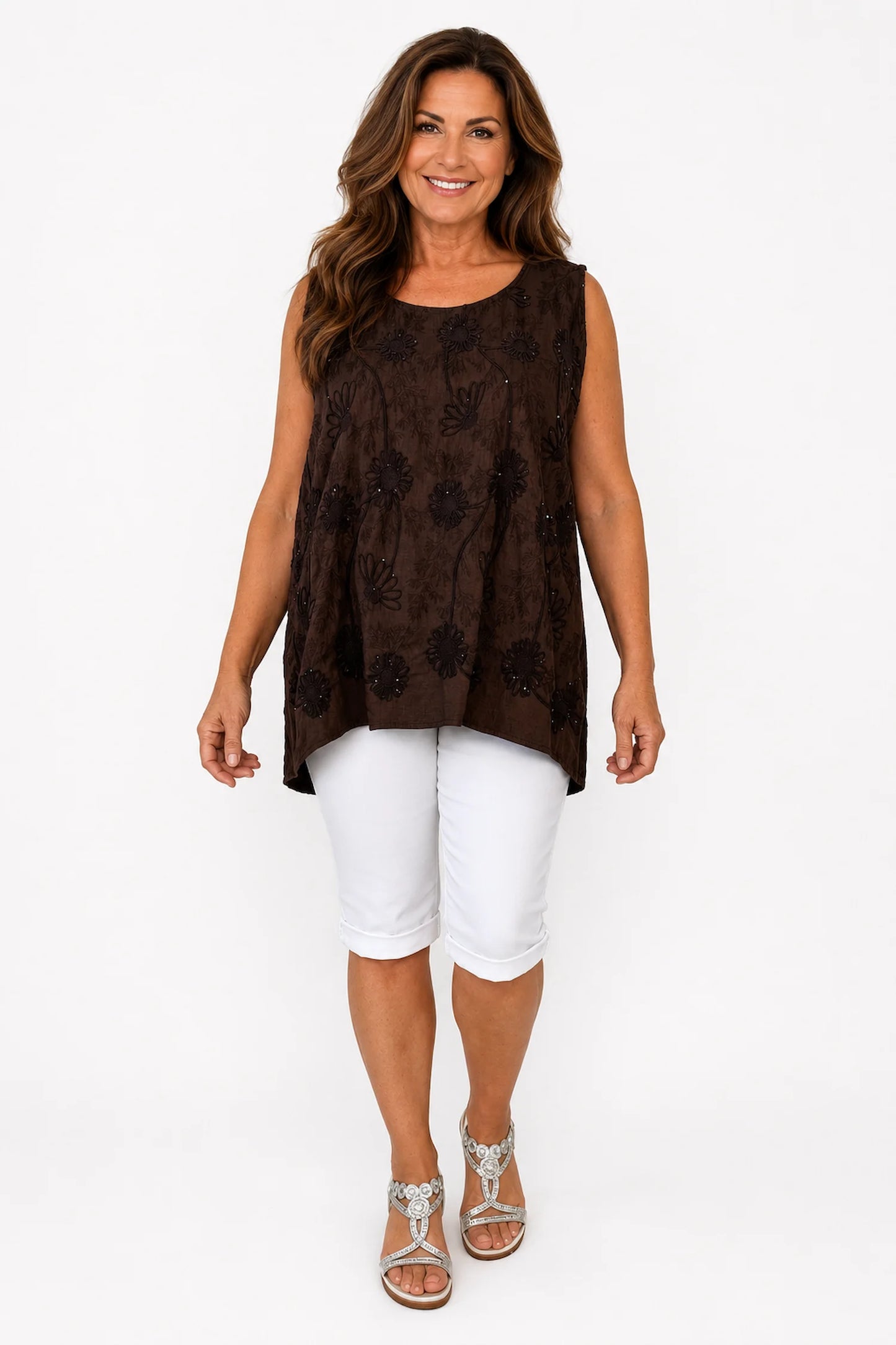 Embroidery Anglaise Floral Golden Sequin Tuscany Vest - Chocolate
