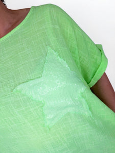 Pure Cotton Double Pocket Siana Sparkle Star Top - Lime